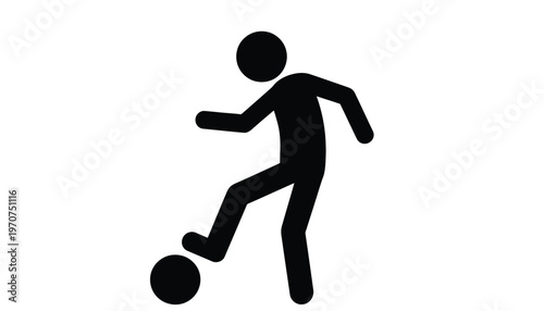 Minimalist black stick figure illustration depicting a person playing soccer or dribbling a football.