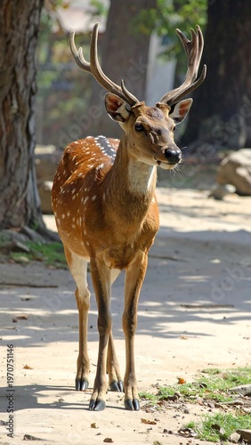 A deer with large antlers stands on a dirt path