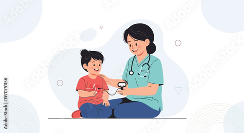 Doctor examining child with stethoscope and pulse oximeter, healthcare concept illustration