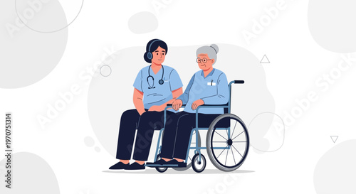 Nurse comforting elderly woman in wheelchair, healthcare, compassion, support, medical care