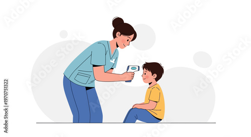 Nurse checking child's temperature with infrared thermometer, healthcare concept