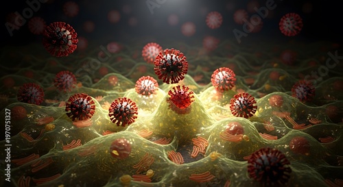 Microscopic View of Coronavirus Particles Infecting Human Cells 1.