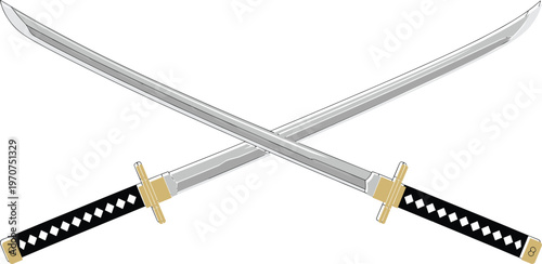 Traditional crossed japanese katana samurai swords vector illustration with black handles and silver blades isolated on white backgroundT