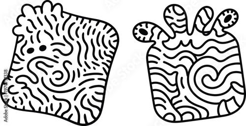 Abstract vector illustrations of two organic shapes with wavy line patterns and dots with wavy lines with line art