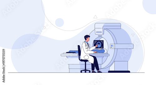 Doctor operating MRI scanner with patient image on screen, medical technology concept