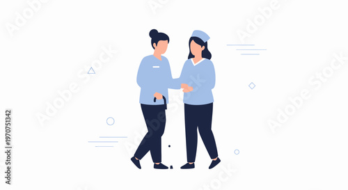 Nurse helping elderly patient walk with cane, medical care, support, healthcare illustration