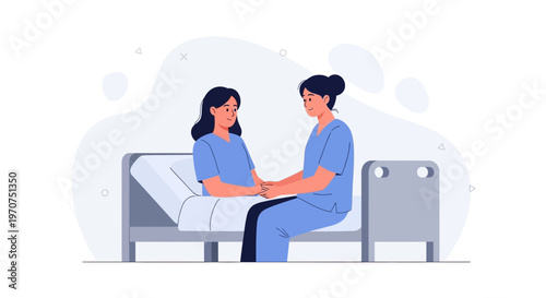 Nurse comforting patient in hospital bed, empathy, care, medical support, healthcare illustration