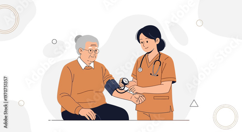 Nurse checking elderly patient's blood pressure, healthcare concept illustration