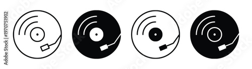 Four variations of a simple vector icon representing a classic vinyl record player disk design isolated on white background, Vector, illustration