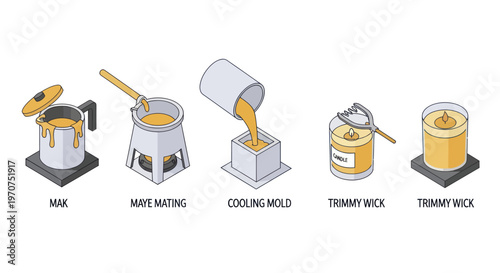 Candle Making Process Steps from Wax Melting to Trimming Wick.
