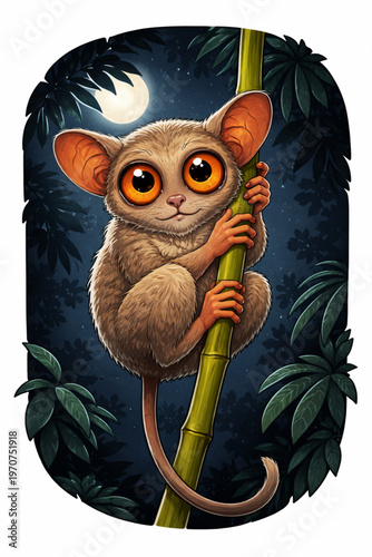Vector tarsier clinging to a branch in a forest setting at night