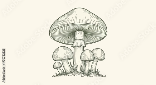 Hand-drawn illustration of a cluster of wild mushrooms in a forest setting.