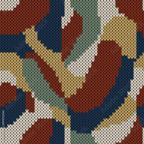 Colorful abstract camouflage knitting pattern. Warm winter textile texture with free form geometric shapes for sweater or cozy fabric design.