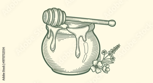 Hand-drawn illustration of a honey pot with a dipper and flowers.