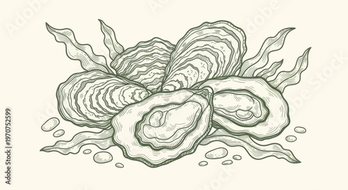 Hand-drawn illustration of fresh oysters and seaweed, a seafood delicacy.