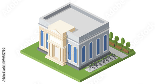 Isometric Bank Building with Classic Architecture and Green Landscape.