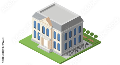 Isometric Bank Building Illustration with Classic Architecture and Green Lawn.