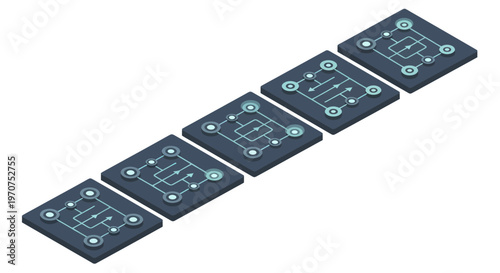 Isometric Blockchain Network Diagram with Connected Blocks.