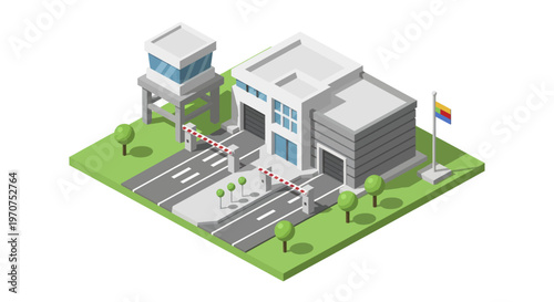 Isometric Border Crossing Point with Checkpoint and Control Tower.