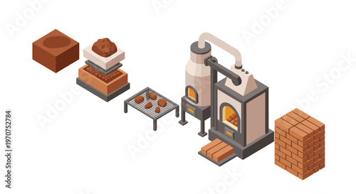 Isometric Brick Production Process with Clay and Kiln.