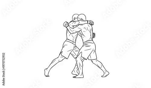 "Close Combat Wrestling Silhouettes Vector, Line Sketch of Athletes in Grapple"