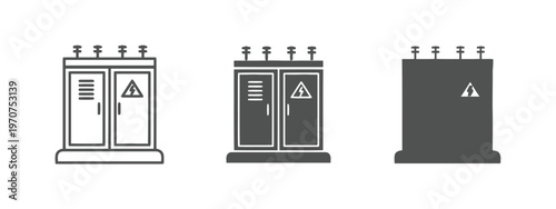 Three different styles of electrical transformer box icons for industrial power grid systems design isolated on white background, Vector, illustration