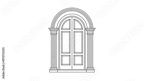 Classical Arched Doorway Line Art – Fluted Columns Architectural Vector Illustration