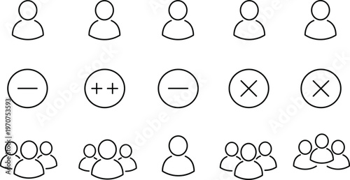User and group icon set, profile symbols with add, remove, cancel buttons, team management elements, minimalist outline vector design
