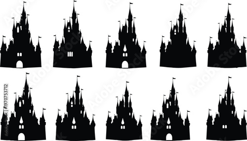 Vector illustration of majestic fantasy castle silhouettes, gothic towers, medieval fortress designs, fairy tale castles, black silhouette castles, isolated magical buildings