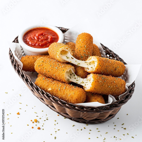 Mozzarella Sticks with Marinara Sauce isolated on white background