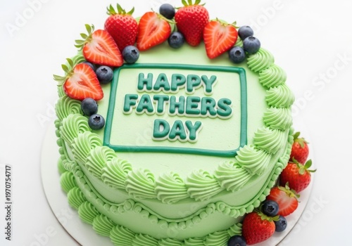 Delicious fathers day cake decorated with fresh fruits and a green icing design