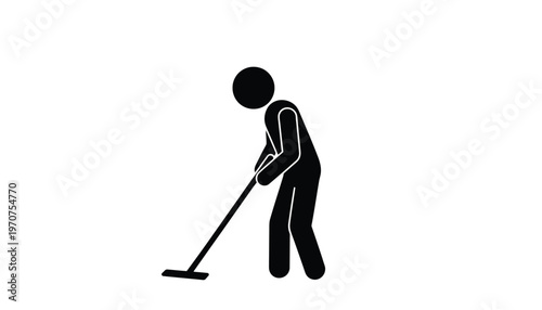 Minimalist vector graphic design showing a stick figure icon actively sweeping or mopping a surface.
