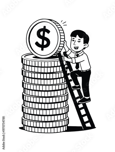 A businessman climbing a stack of coins to achieve wealth.
