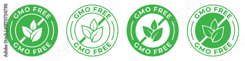 A collection of four circular gmo free food labels with green leaves for packaging certification isolated on white background, Vector, illustration