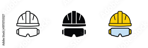 Three different styles of construction safety helmet and protective eye goggle icon set design isolated on white background, Vector, illustration