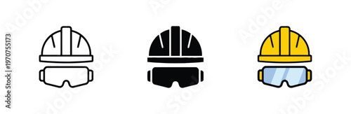 Three variations of a construction hard hat and safety goggles icon set for industrial design isolated on white background, Vector, illustration