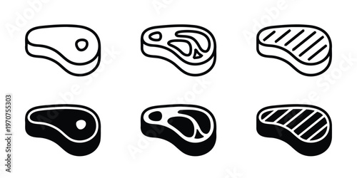A collection of simple outline and solid icons representing various cuts of raw beef steak meat isolated on white background, Vector, illustration