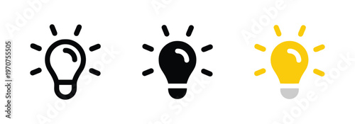 Three variations of a light bulb icon representing ideas and illumination in a minimalist style isolated on white background, Vector, illustration