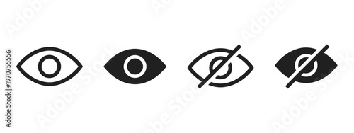 A set of four black eye icons representing visibility and hidden status for user interface design. isolated on white background, Vector, illustration