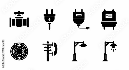 Utilities Infrastructure Icon Set Featuring Electrical Plumbing and Urban Service Glyphs
