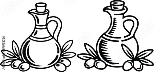 Vector illustration of olive oil bottles with olives and leaves