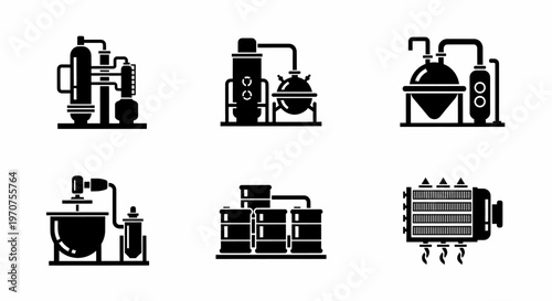 Industrial Chemical Processing Equipment Icons Set of Modern Engineering Systems and Facilities