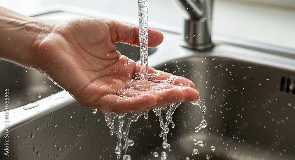Fototapeta premium Hand under running water from kitchen sink with splashes around