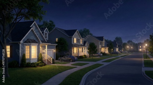 Suburban neighborhood street with houses and cars at night