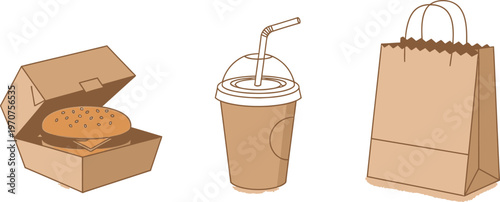 Stylized illustration of a hamburger in an open cardboard take-out box