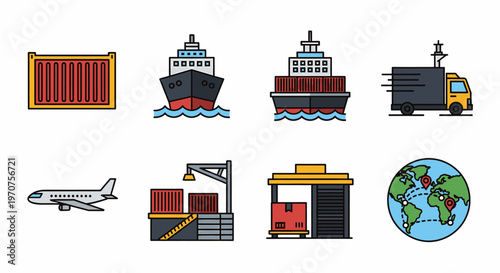 Logistics and Shipping Icons Collection Including Cargo Container Ship Truck Airplane and Global Map