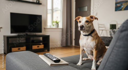 Attentive Dog Sitting on Couch with Remote Control.