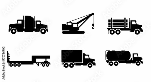Set of Six Black Vector Truck Icons with Different Designs