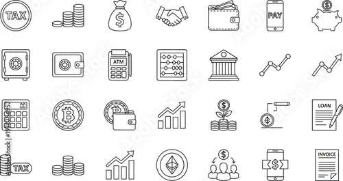 Finance and banking line icon set featuring tax payment cryptocurrency investment growth charts loans and digital transactions vector illustration