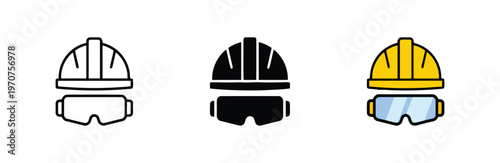 A set of three distinct design icons depicting a construction hard hat and protective safety goggles. isolated on white background, Vector, illustration